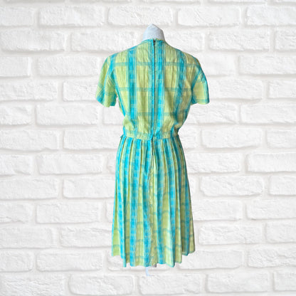 50s cotton blue and green checked summer dress . Approx  UK  8-10