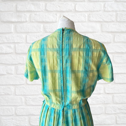50s cotton blue and green checked summer dress . Approx  UK  8-10