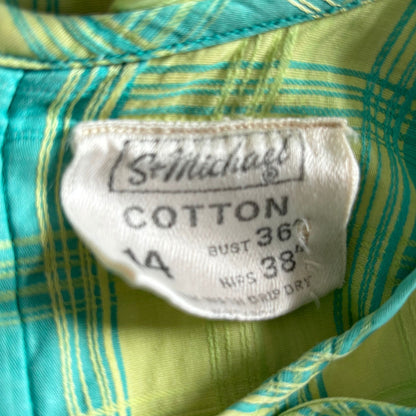 50s cotton blue and green checked summer dress . Approx  UK  8-10