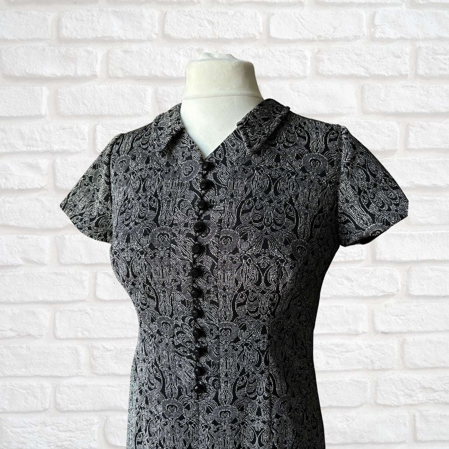 Vintage 1960s Black Button Down Party Dress with Silver Art Deco Sparkle .Approx UK size 12-14