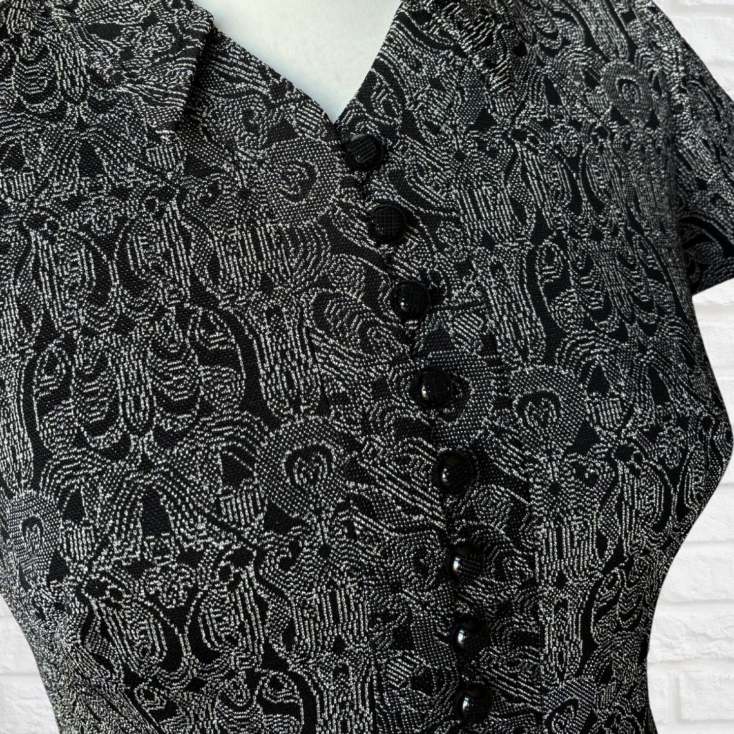 Vintage 1960s Black Button Down Party Dress with Silver Art Deco Sparkle .Approx UK size 12-14