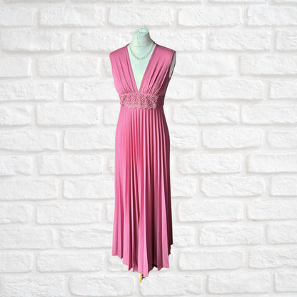 Pink vintage Grecian style, deep v neck maxi dress. Approx UK size 6-8