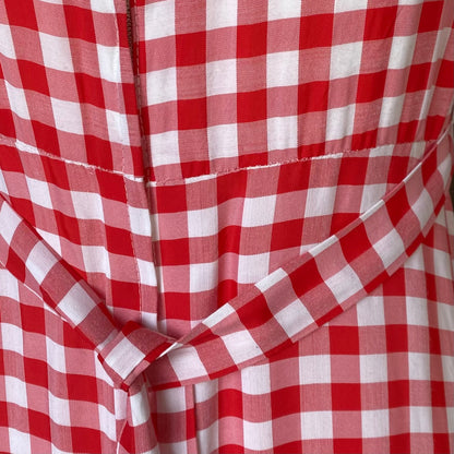 70s red and white gingham, puffed sleeved maxi dress. Approx U.K. size 8
