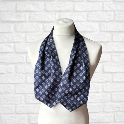 60s mod style blue and white Paisley print vintage cravat. Made in Britain by Tootal