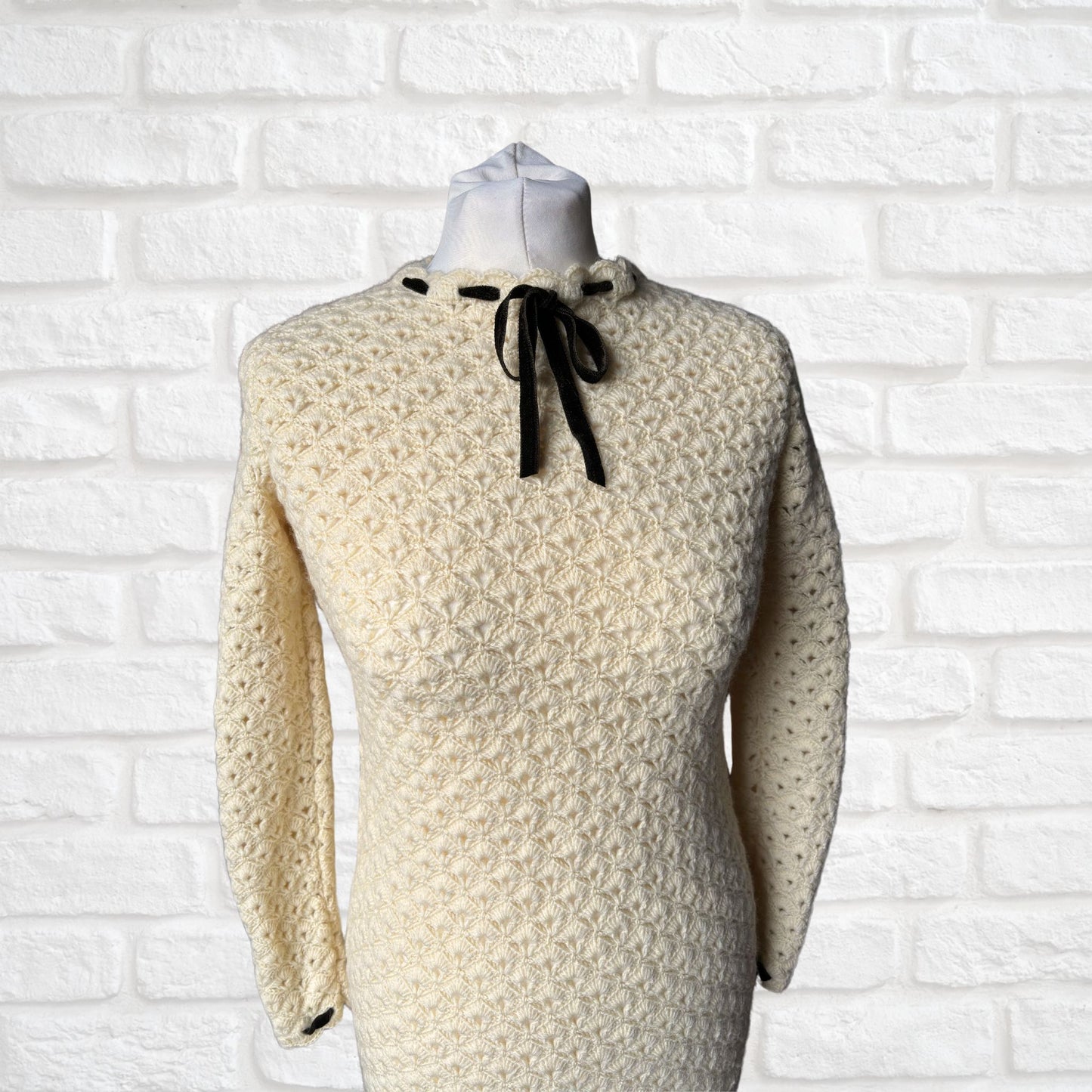 Vintage 60s Cream Crochet Mini Dress with Velvet Ribbon Detailing. Approx U.K. size 8 -10