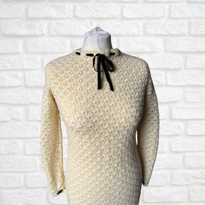 Vintage 60s Cream Crochet Mini Dress with Velvet Ribbon Detailing. Approx U.K. size 6-8