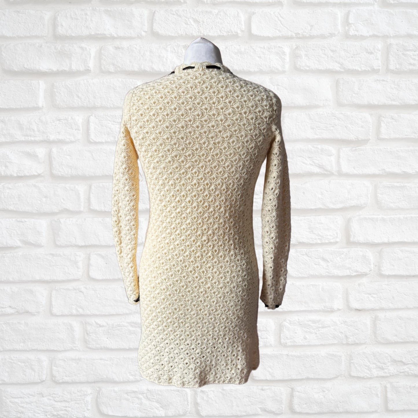 Vintage 60s Cream Crochet Mini Dress with Velvet Ribbon Detailing. Approx U.K. size 8 -10