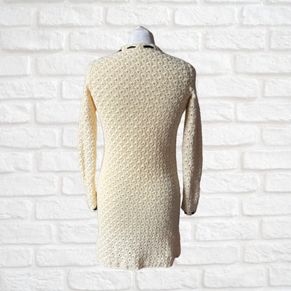 Vintage 60s Cream Crochet Mini Dress with Velvet Ribbon Detailing. Approx U.K. size 6-8