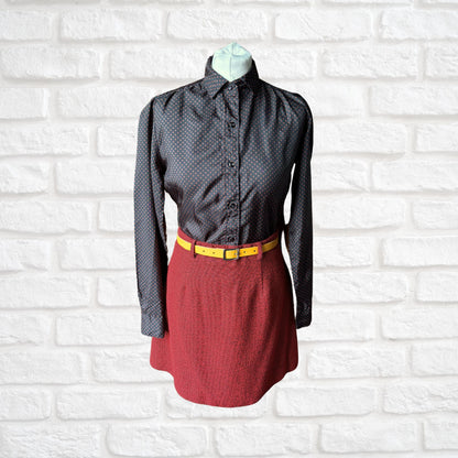 Vintage 80s Black Silky Long Sleeved Blouse with Red and Yellow Geometric Pattern. Approx UK size 8-10