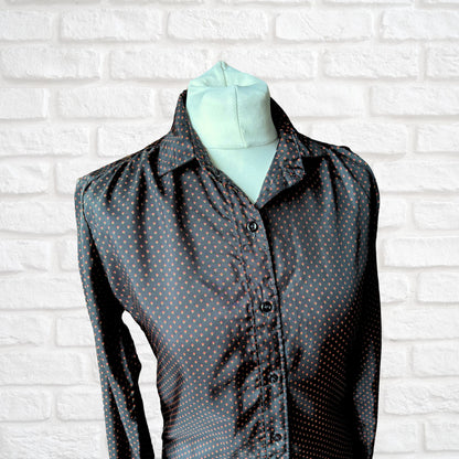 Vintage 80s Black Silky Long Sleeved Blouse with Red and Yellow Geometric Pattern. Approx UK size 8-10