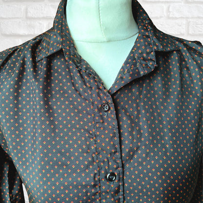 Vintage 80s Black Silky Long Sleeved Blouse with Red and Yellow Geometric Pattern. Approx UK size 8-10