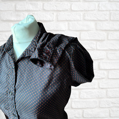 Vintage 80s Black Silky Long Sleeved Blouse with Red and Yellow Geometric Pattern. Approx UK size 8-10