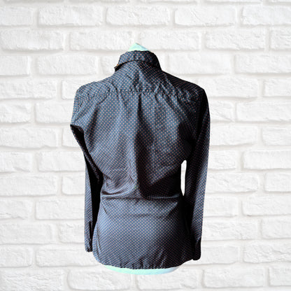 Vintage 80s Black Silky Long Sleeved Blouse with Red and Yellow Geometric Pattern. Approx UK size 8-10