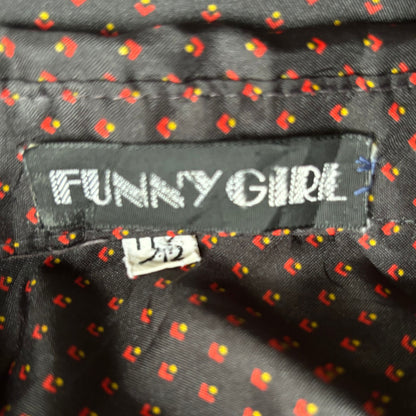 Vintage 80s Black Silky Long Sleeved Blouse with Red and Yellow Geometric Pattern. Approx UK size 8-10