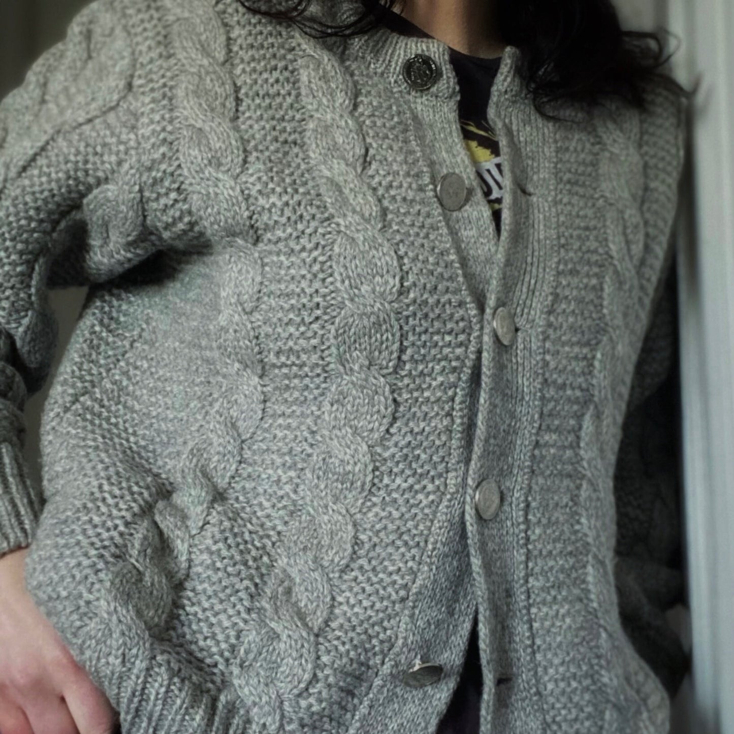 Vintage grey chunky knit wool cardigan with silver coin buttons.  Approx UK size  10 -16