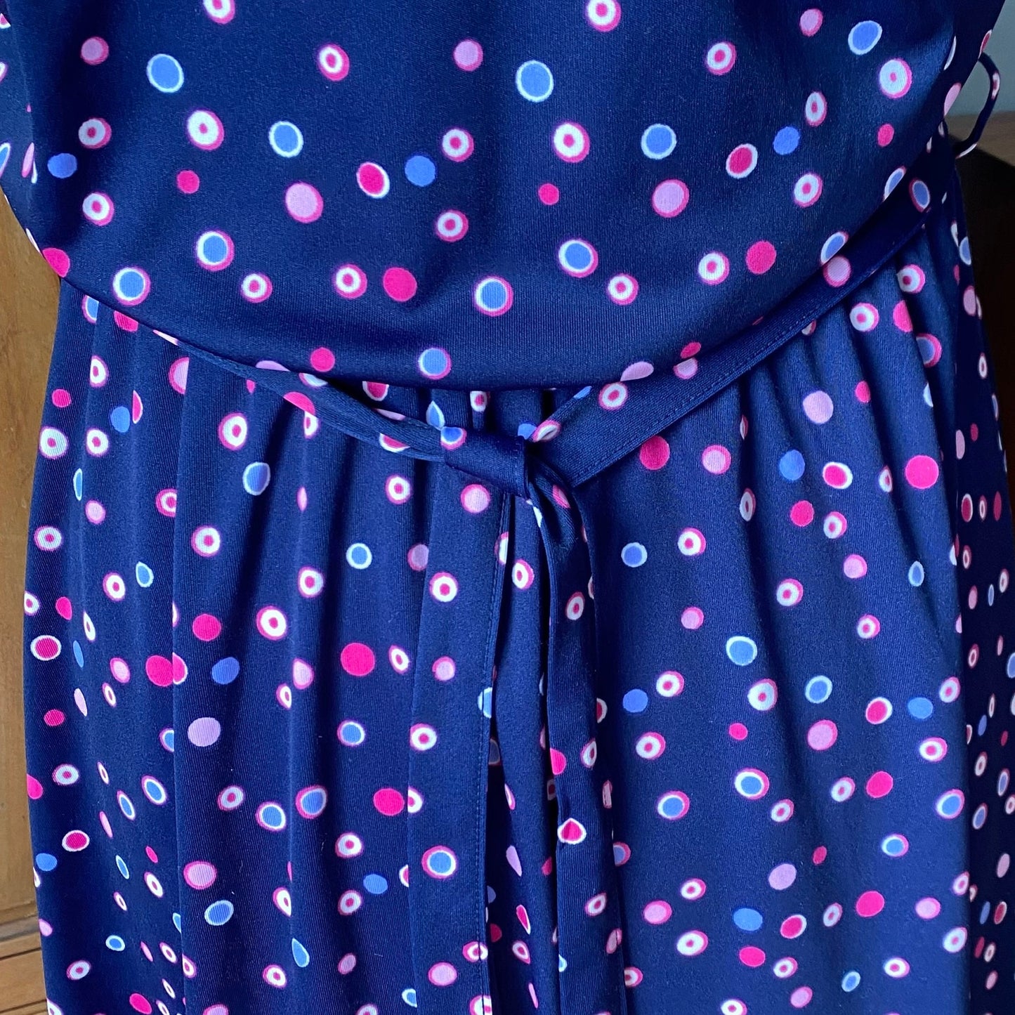 80s navy blue, purple and pink polka dot dress. Approx  U.K. size 14-16