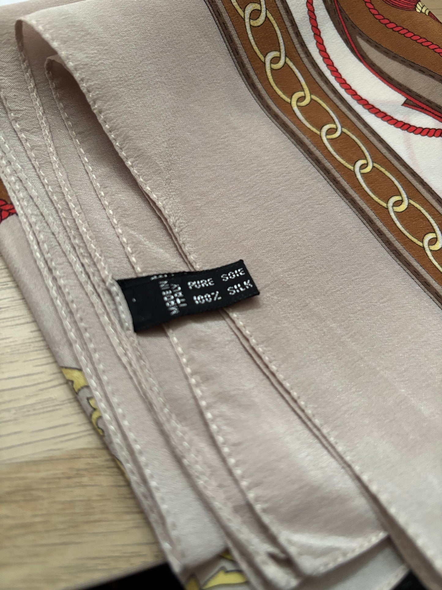 Stylish Taupe, Tan, Red and Gold Equestrian Style Square Vintage Silk Scarf. Great Gift idea