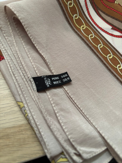 Stylish Taupe, Tan, Red and Gold Equestrian Style Square Vintage Silk Scarf. Great Gift idea