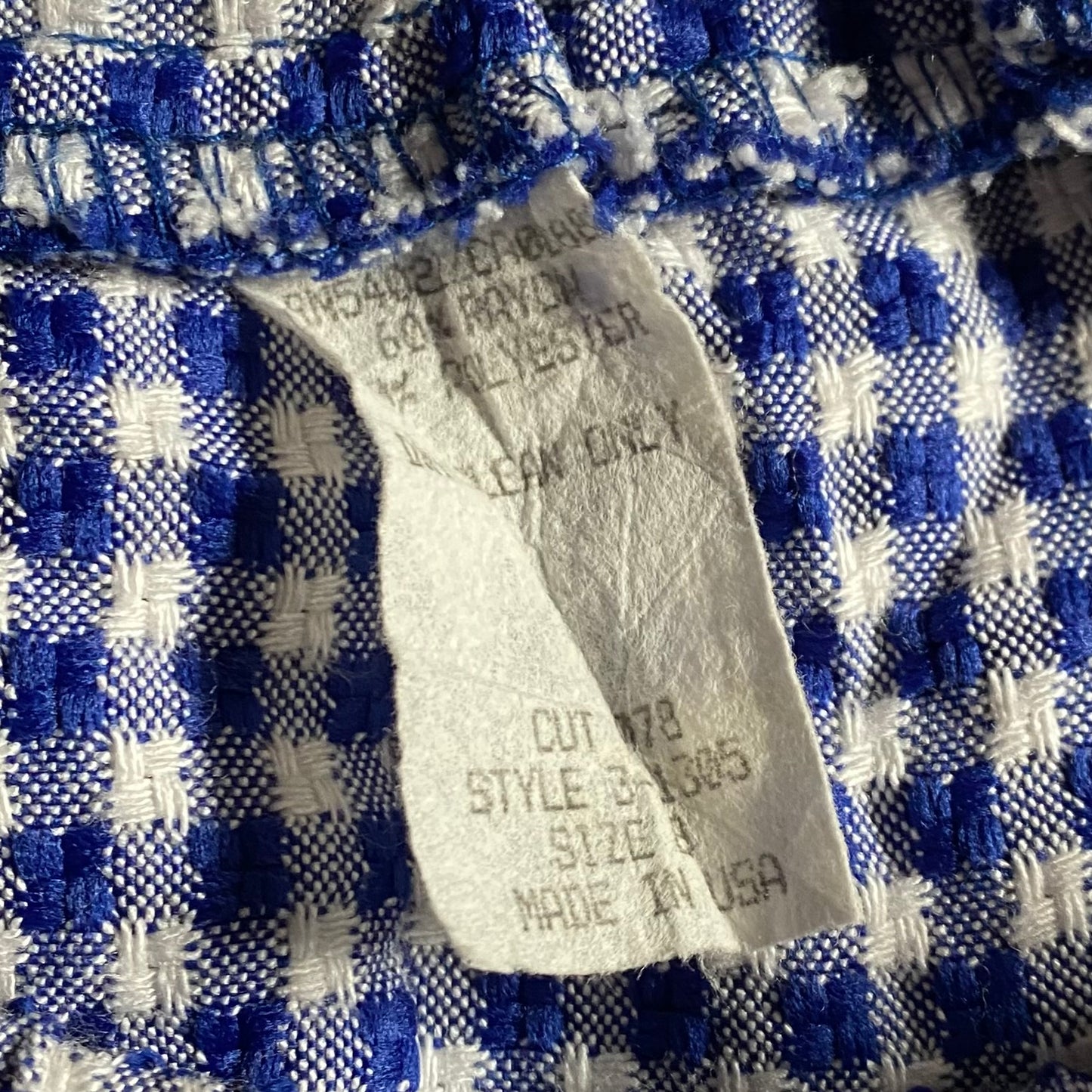 Fashionable blue and white gingham skirt - label view. Made in USA