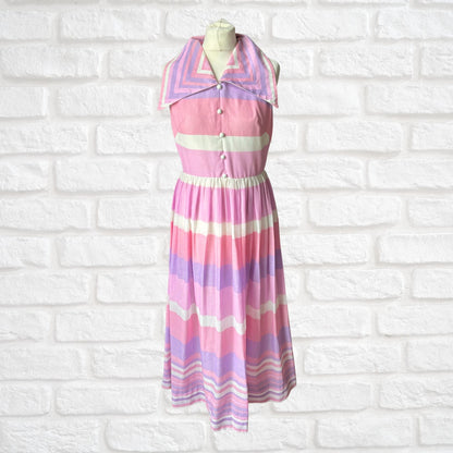 Stunning 70s Pink, Purple, and White Sleeveless Maxi Dress with Dagger Collar - Lisa Young, London . Approx UK size 8-10