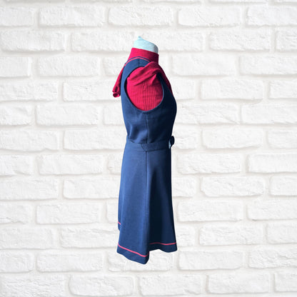 60s navy blue pinafore dress with red brocade trim and matching belt. Approx UK size 12-14