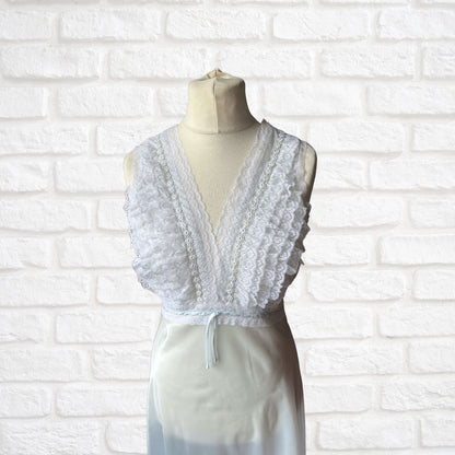 Ice Blue Silky Satin Vintage Slip Dress with Lace Ruffled Bodice. Approx UK size 10-14