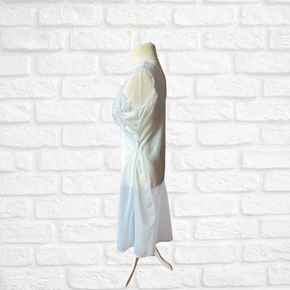 Ice Blue Silky Satin Vintage Slip Dress with Lace Ruffled Bodice. Approx UK size 10-14