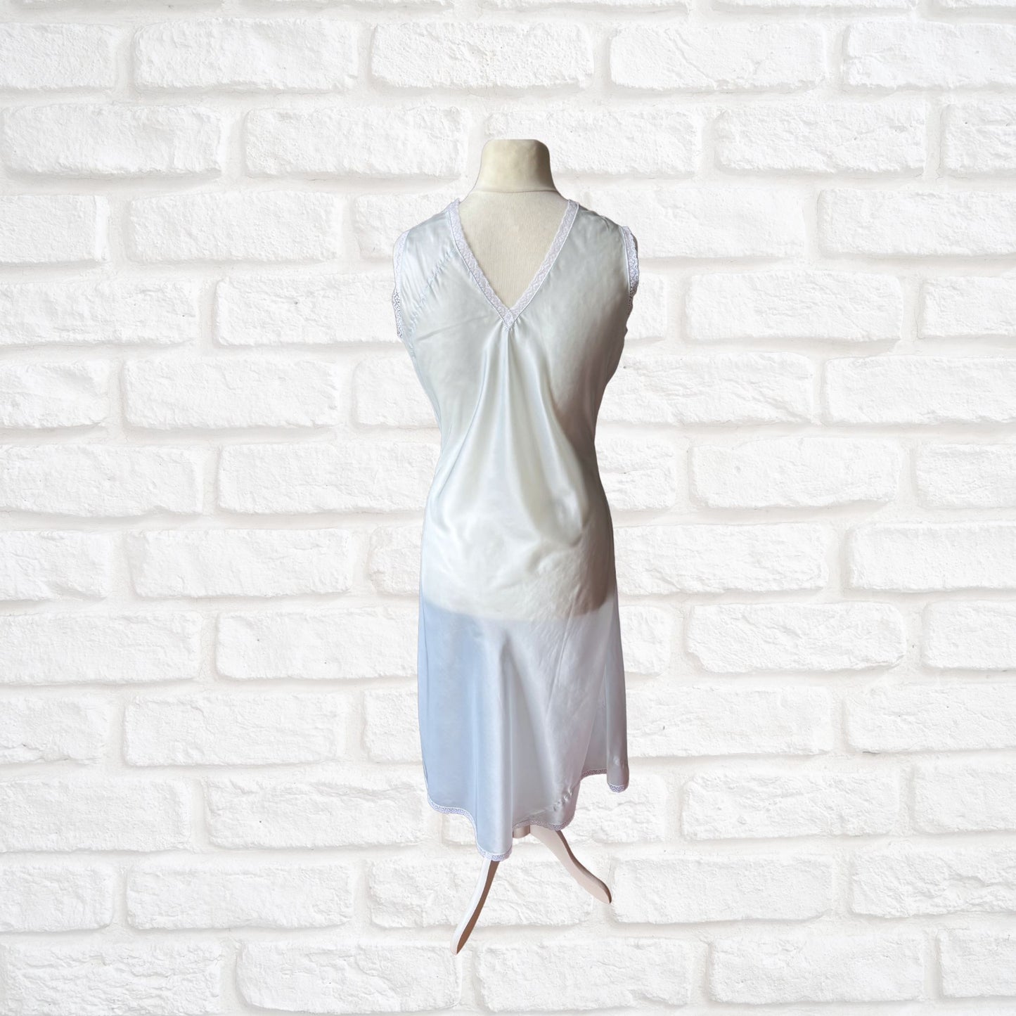Ice Blue Silky Satin Vintage Slip Dress with Lace Ruffled Bodice. Approx UK size 10-14