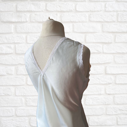Ice Blue Silky Satin Vintage Slip Dress with Lace Ruffled Bodice. Approx UK size 10-14