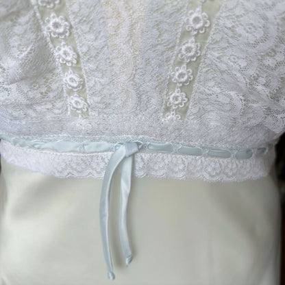 Ice Blue Silky Satin Vintage Slip Dress with Lace Ruffled Bodice. Approx UK size 10-14
