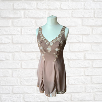 60s brown lace trimmed silky Italian slip. Approx U.K. size 12