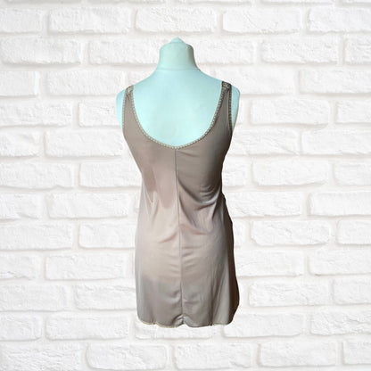 60s brown lace trimmed silky Italian slip. Approx U.K. size 12