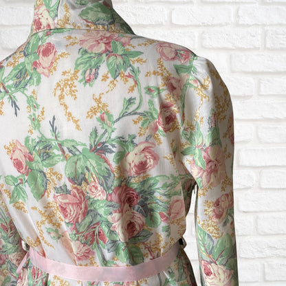 Full Length Pink Floral Vintage Robe with Ribbon Belt. Approx U.K. size 12-16