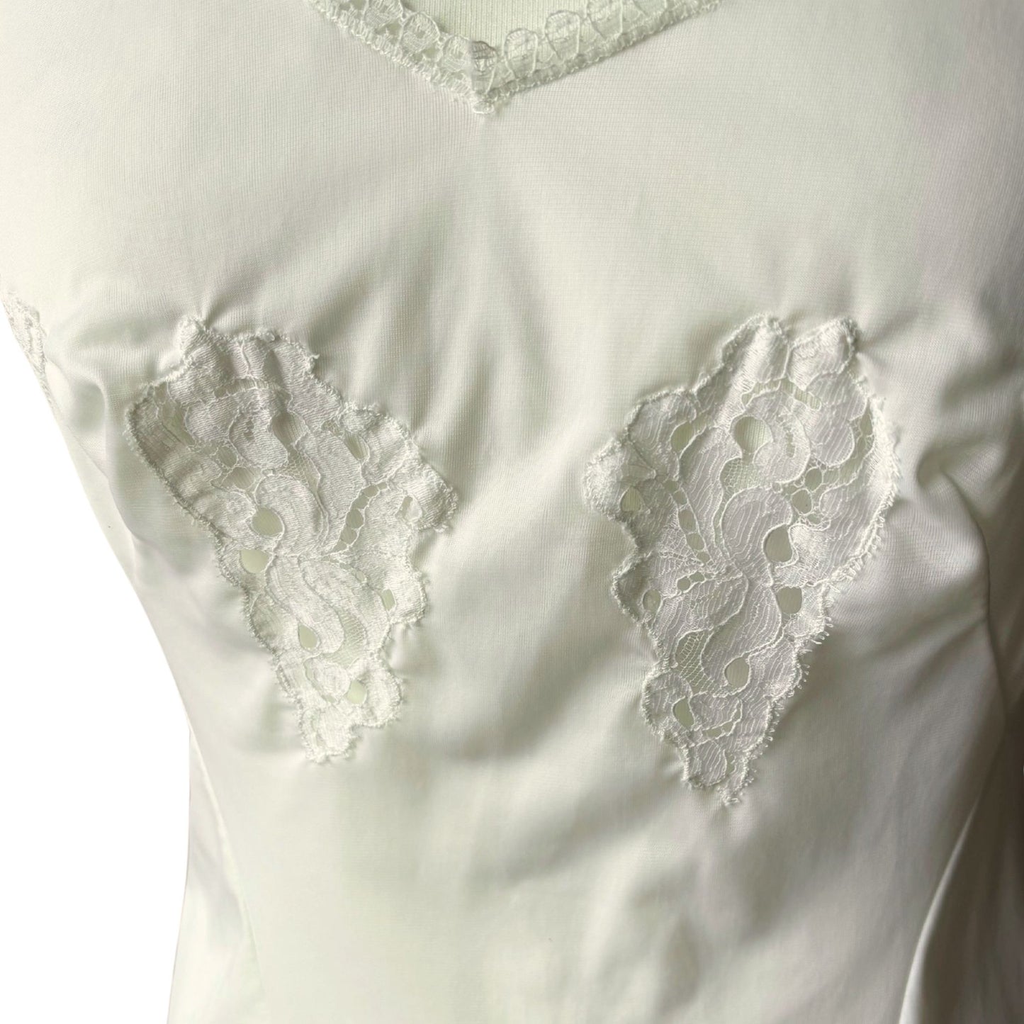 Creamy White Lace Decorated V Neck Vintage Mini Slip Dress.  Approx U.K. size 8-10