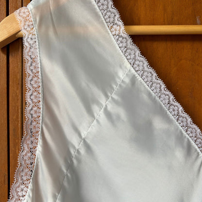 Ice Blue Silky Satin Vintage Slip Dress with Lace Ruffled Bodice. Approx UK size 10-14