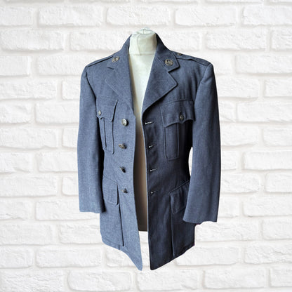 1950s USAF Blue Wool Serge Vintage Military Jacket with Detachable Metal US Pins. Approx UK XS-S (m) 10-12(f)