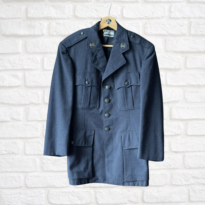 1950s USAF Blue Wool Serge Vintage Military Jacket with Detachable Metal US Pins. Approx UK XS-S (m) 10-12(f)