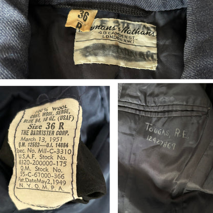 1950s USAF Blue Wool Serge Vintage Military Jacket with Detachable Metal US Pins. Approx UK XS-S (m) 10-12(f)