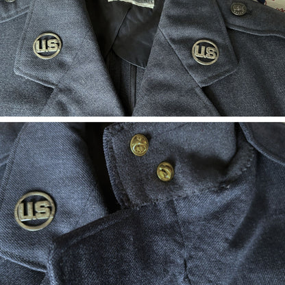 1950s USAF Blue Wool Serge Vintage Military Jacket with Detachable Metal US Pins. Approx UK XS-S (m) 10-12(f)