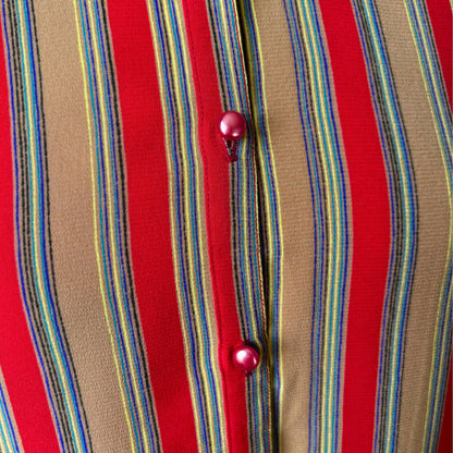 Vintage Dark Mustard and Red Striped Long-Sleeved Blouse with small straight collar .Approx UK size 8-12