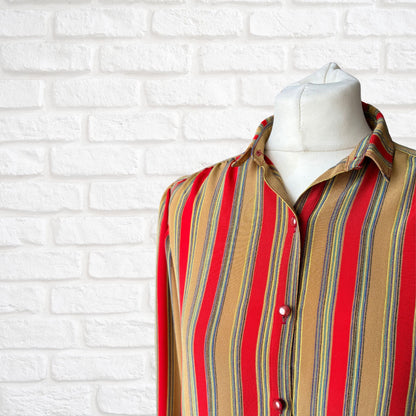 Vintage Dark Mustard and Red Striped Long-Sleeved Blouse with small straight collar .Approx UK size 8-12