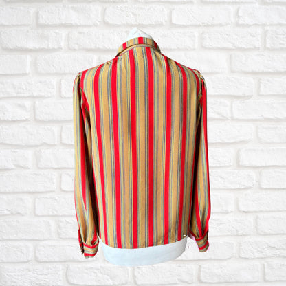Vintage Dark Mustard and Red Striped Long-Sleeved Blouse with small straight collar .Approx UK size 8-12
