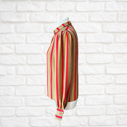 Vintage Dark Mustard and Red Striped Long-Sleeved Blouse with small straight collar .Approx UK size 8-12
