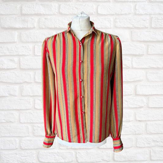 Vintage Dark Mustard and Red Striped Long-Sleeved Blouse with small straight collar .Approx UK size 8-12