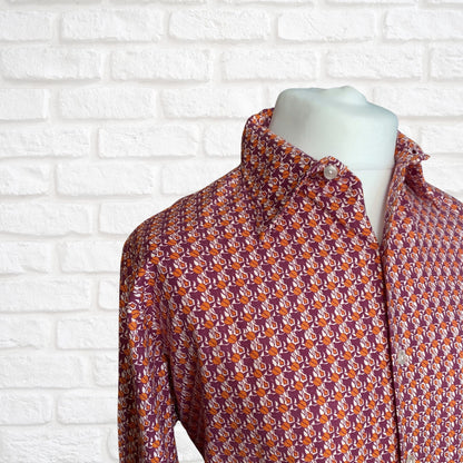 1970s Geometric Print Long Sleeved Dagger Collar Cotton Vintage Shirt. Approx UK size XL to XXL (men)  18-20 ( women)