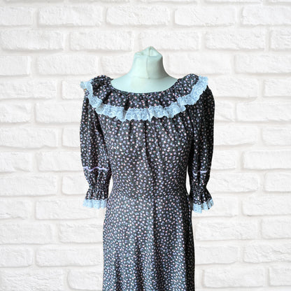 Vintage 70s Maxi Length Black Floral Prairie Dress with Lace Trim. Approx UK size 10-12