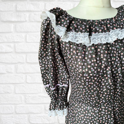Vintage 70s Maxi Length Black Floral Prairie Dress with Lace Trim. Approx UK size 10-12