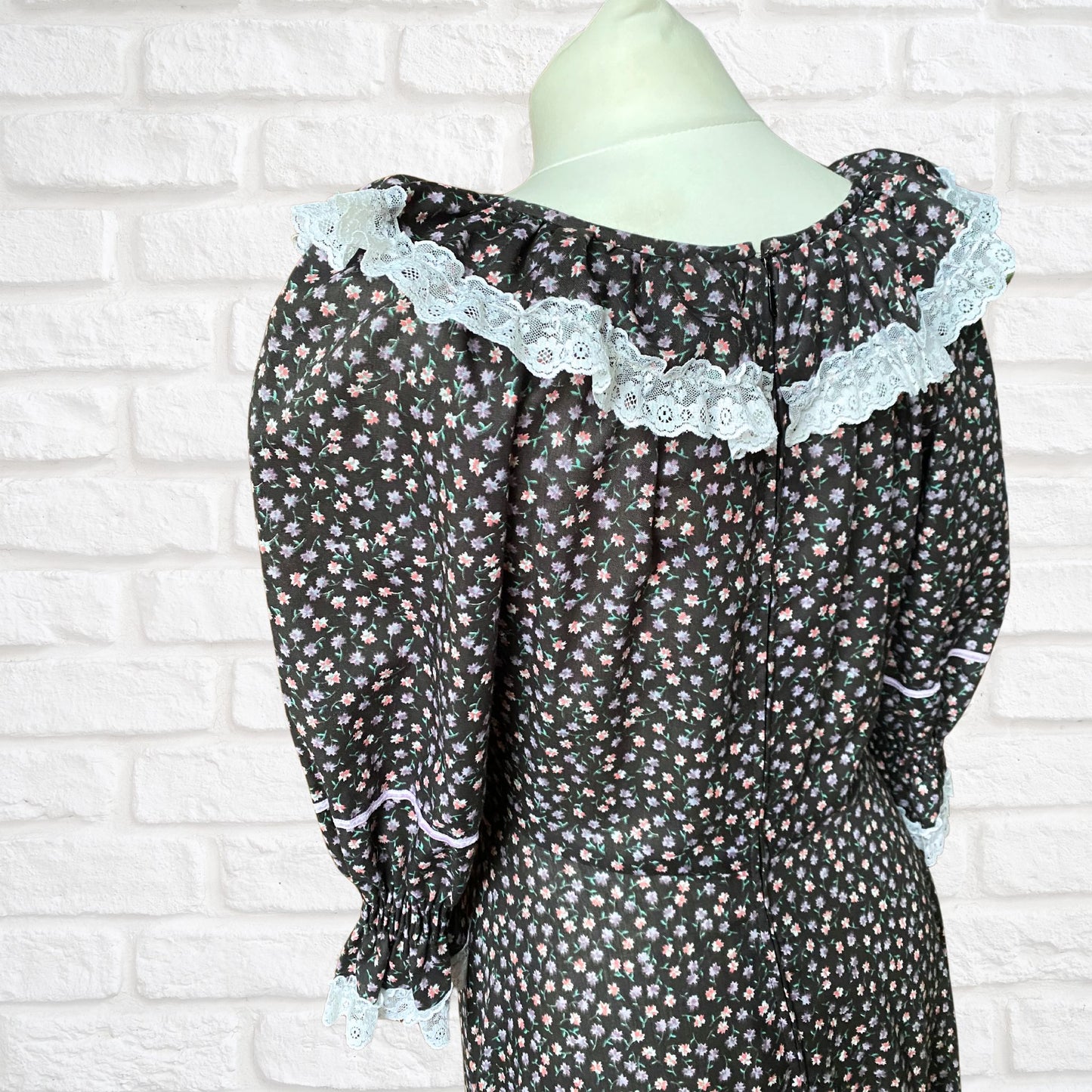Vintage 70s Maxi Length Black Floral Prairie Dress with Lace Trim. Approx UK size 10-12