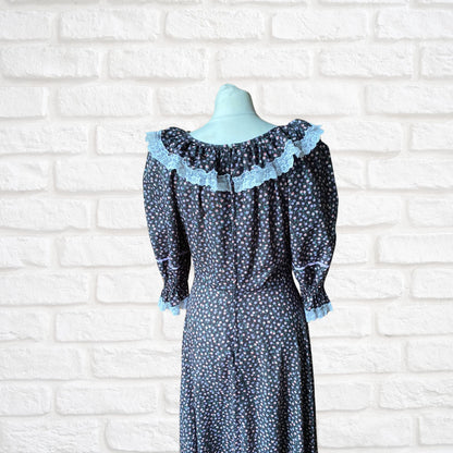 Vintage 70s Maxi Length Black Floral Prairie Dress with Lace Trim. Approx UK size 10-12