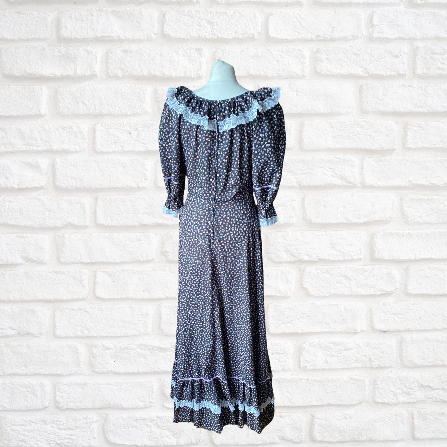 Vintage 70s Maxi Length Black Floral Prairie Dress with Lace Trim. Approx UK size 10-12